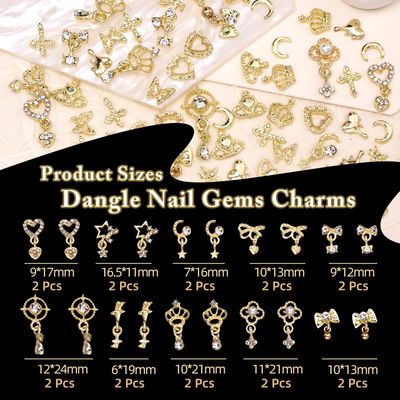 100 Pcs Gold Nail Charms and Gems, Gold Dangle Star Bows Nail Gems Charms, Metal Crown Heart Butterfly Charms for Acrylic Nail Art Alloy Cross Nail Charms for Women DIY Accessories