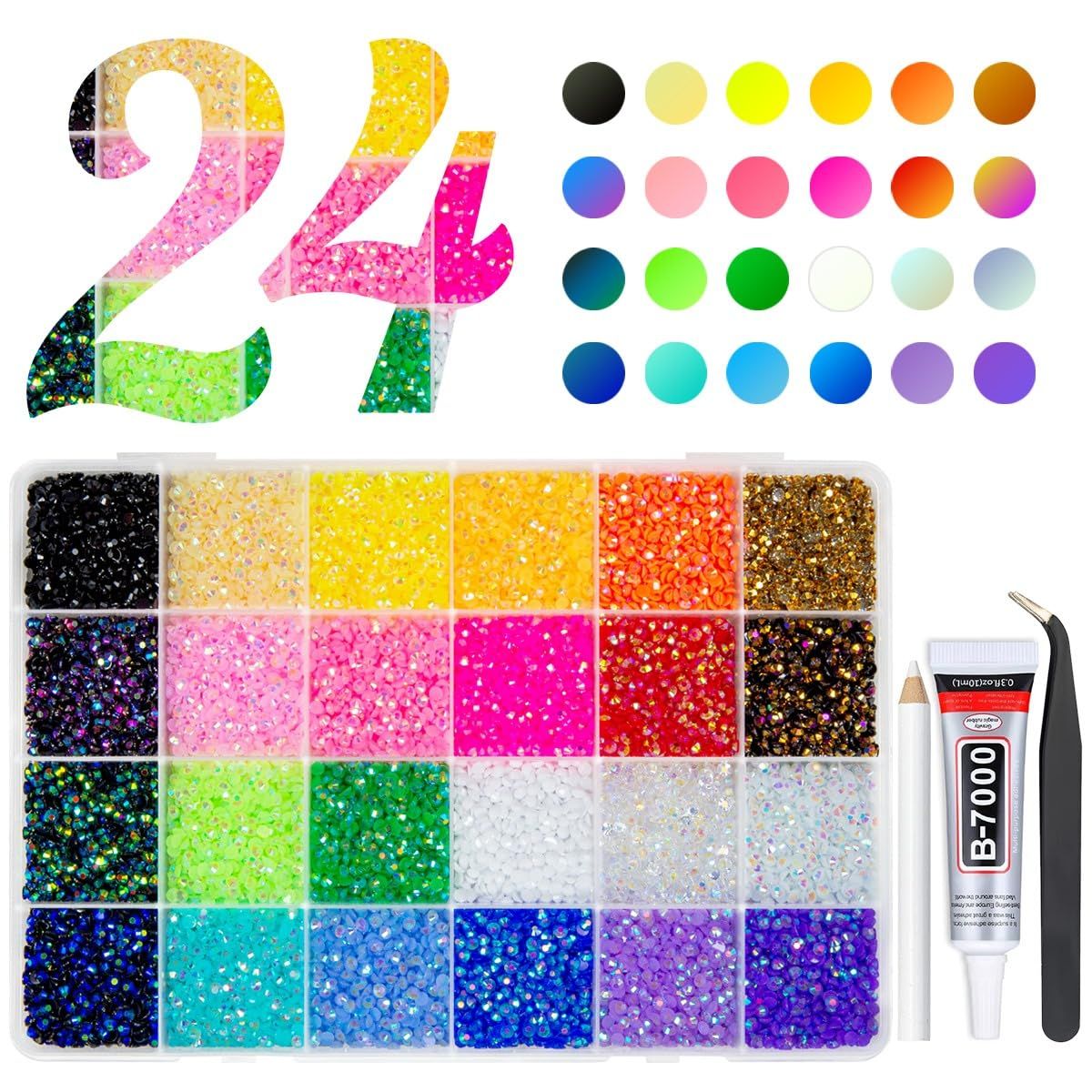 qiipii 24000Pcs 24 Color 3mm Jelly Resin Rhinestones w B7000 Jewelry Glue for Bedazzling Crafting Flatback Stones Colorful AB Gems Diamonds Charms for Nails Eyes Face Makeup Tumblers DIY Crafts Shoes