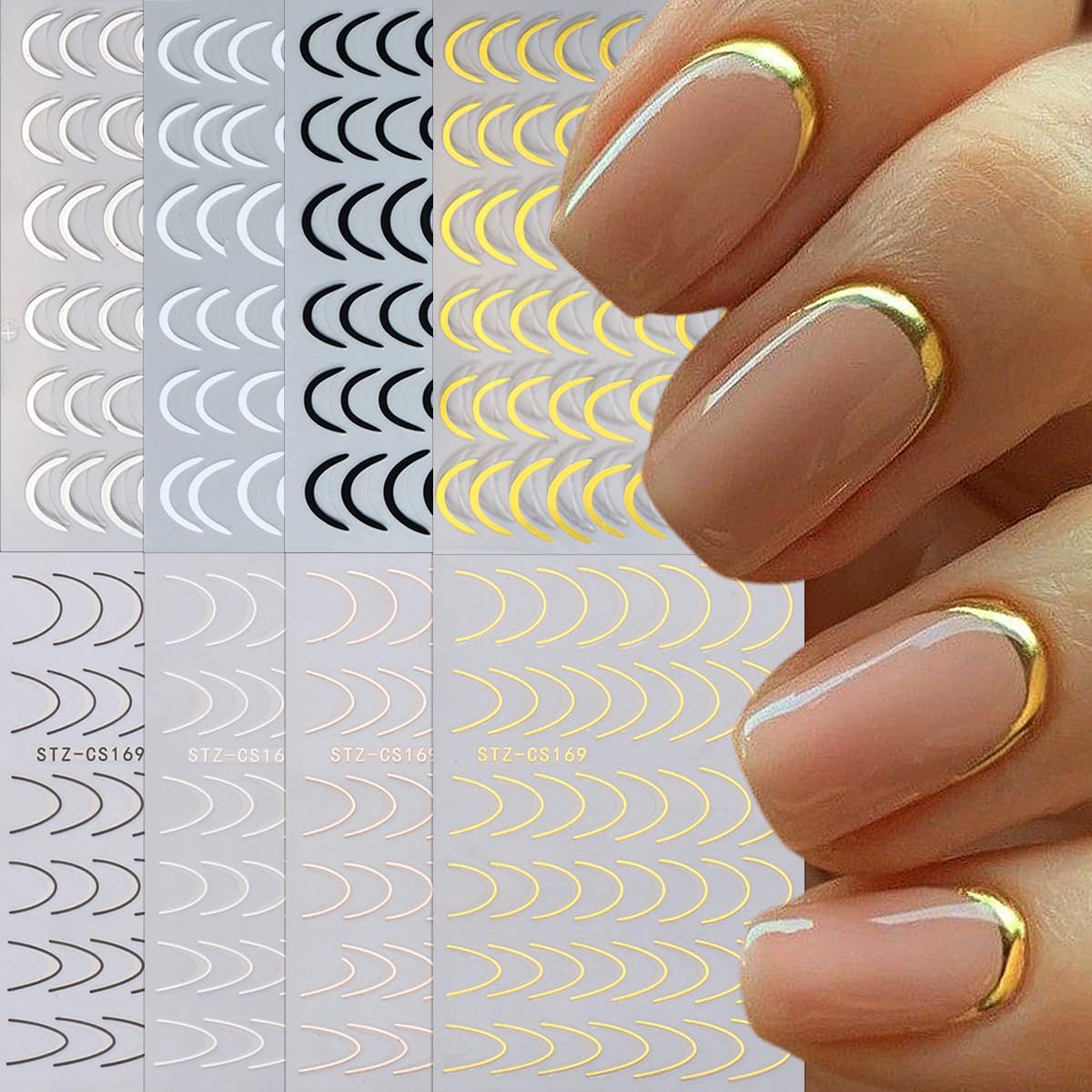 8 Pieces French Tip Line Nail Art Stickers 3D Simple Lines Nail Stickers Black White Gold Silver Metal Stripes Adhesive Decals Curved Gel Nail Art Polish Sliders Manicure Foils Decor Accessories