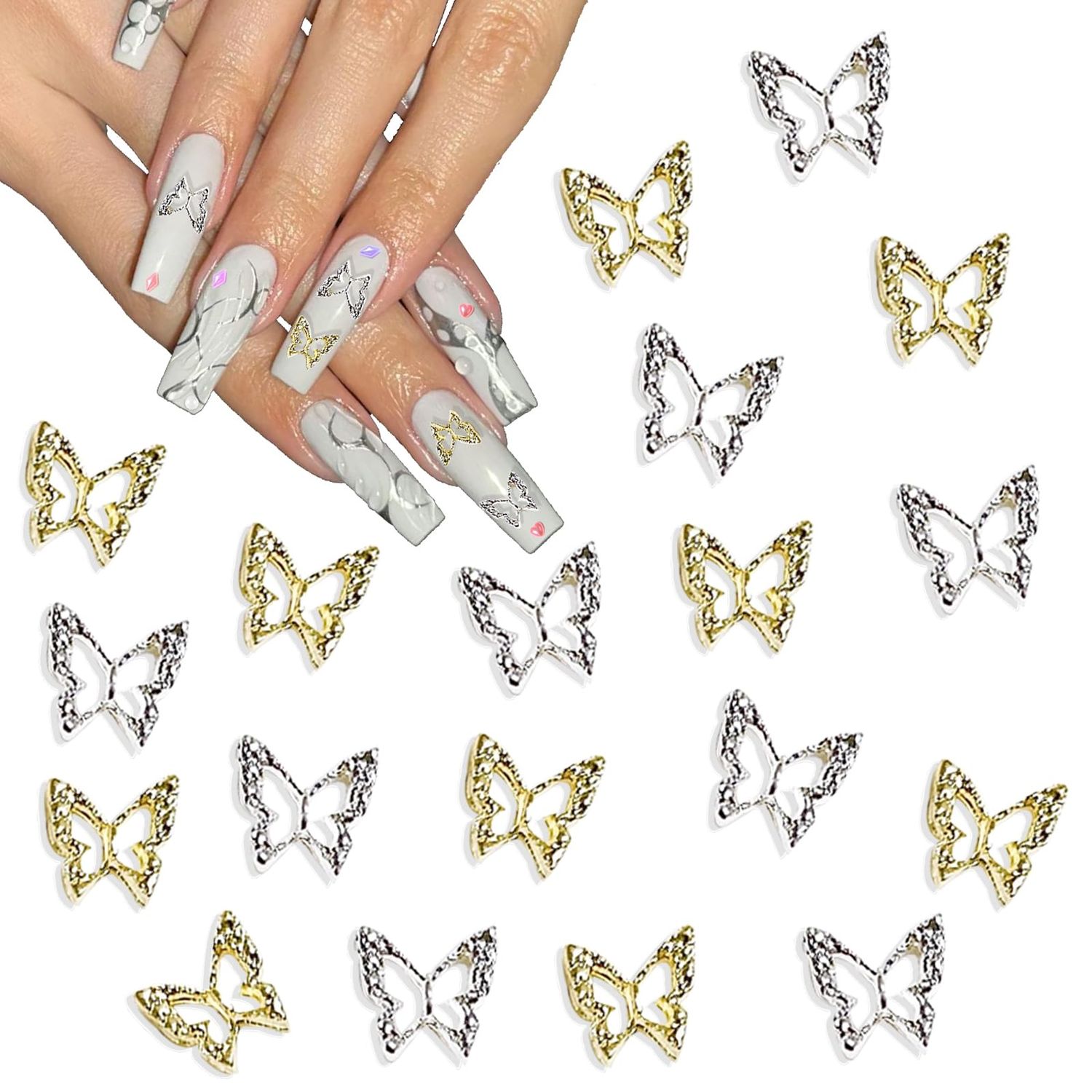 3D Alloy Butterfly Nail Art Charms,120pcs Golden Silver Butterfly Charms Decoration Valentines Day DIY Nail Rhinestones Gems Charms for Women Nail Art Decorations