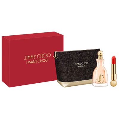 Jimmy Choo I Want Choo 3 Piece Eau de Parfum Gift Set (Eau de Parfum Spray, Jimmy Choo Seduction Coral Kiss Lipstick, Pouch)