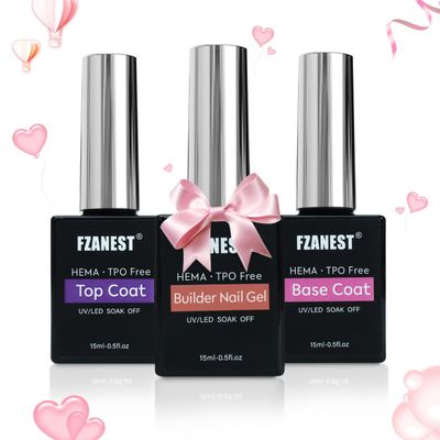 FZANEST Builder Nail Gel With Gel Top and Base Coat HEMA Free, 15ml 3pcs Gel Nail Kit for Nail Thickening Apex Nail Extension Soak Off No Wipe Gel Top Coat Base Hard Gel Nails, LED Nail Lamp Cured