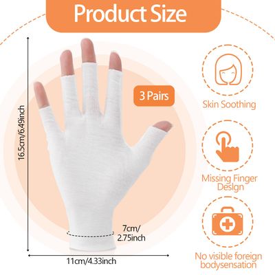 3 Pairs Cotton Gloves, 100 White Cotton Moisturizing Gloves for Dry Hands, Fingerless Touchscreen Design for Sleeping Eczema Spa Treatment Overnight Hydration Unisex Size