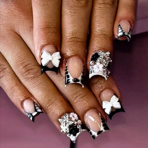 Black French Tip Press on Nails Short Square 3D Fake Nails with Stars Bow Charm Designs Polka Dot False Nails 3D Flower Acrylic Nails Square Shaped Glue on Nails Full Cover Stick on Nails for Women