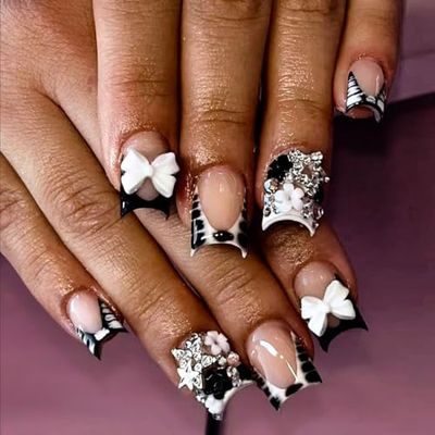 Black French Tip Press on Nails Short Square 3D Fake Nails with Stars Bow Charm Designs Polka Dot False Nails 3D Flower Acrylic Nails Square Shaped Glue on Nails Full Cover Stick on Nails for Women