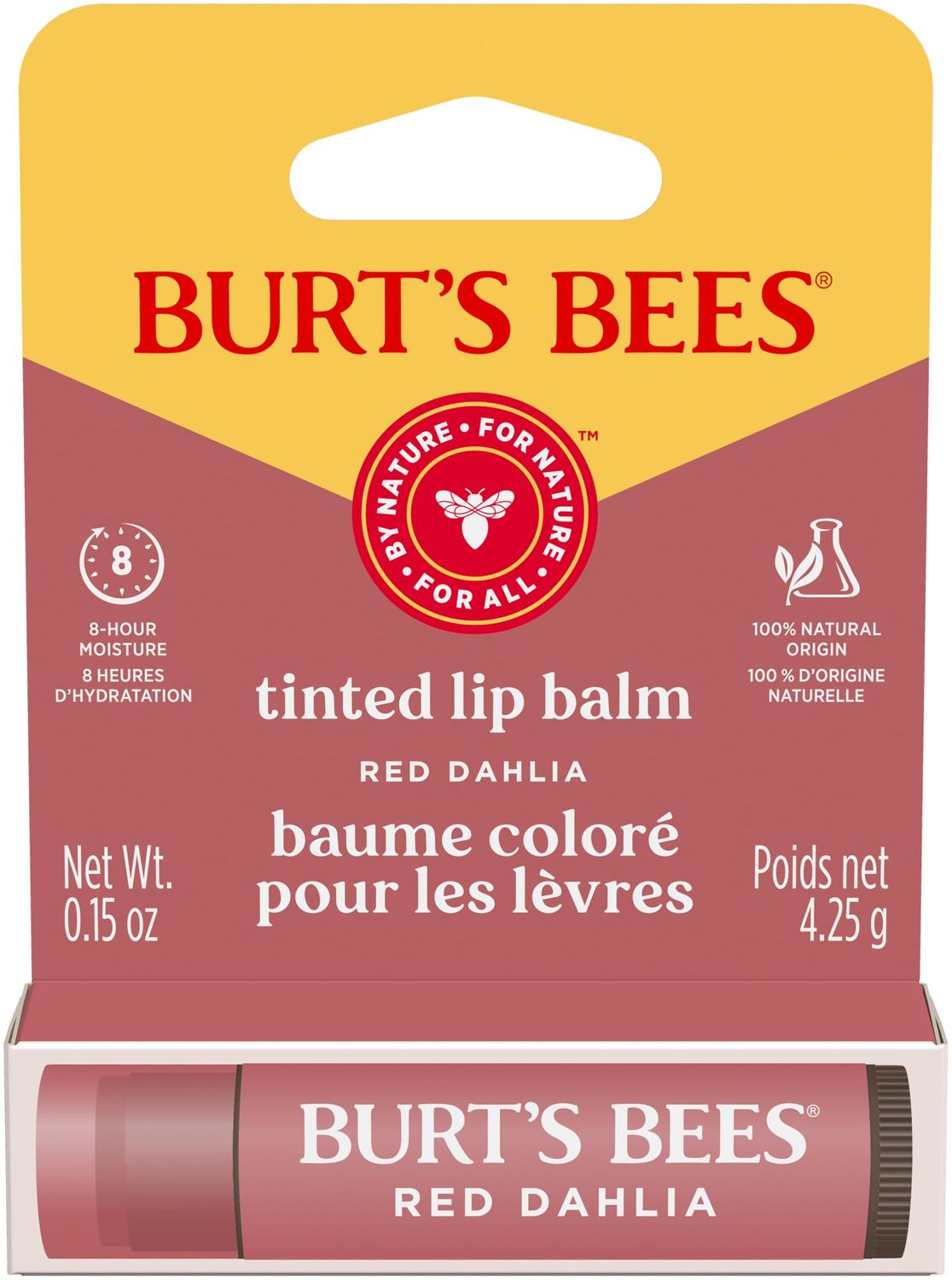 Burts Bees Lip Tint Balm, Long Lasting 2 in 1 Duo Tinted Balm Formula, Color Infused with Hydrating Shea Butter for a Natural Looking Buildable Finish, Red Dahlia, 1 Tube