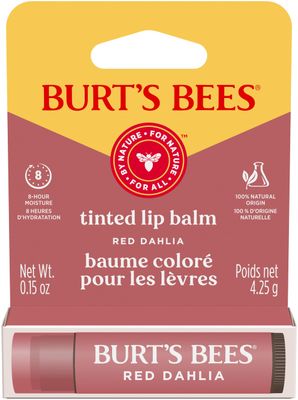 Burts Bees Lip Tint Balm, Long Lasting 2 in 1 Duo Tinted Balm Formula, Color Infused with Hydrating Shea Butter for a Natural Looking Buildable Finish, Red Dahlia, 1 Tube