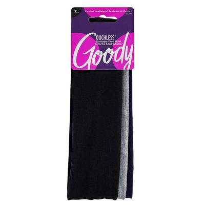 Goody Ouchless Comfort Head Wraps - 3 Ct, Black/Grey, Soft &amp; Stretchy Fabric Headbands for Women &amp; Men, Secure Hold Yoga, Workout Headband, Versatile Hair Accessories for All-Day Wear, All Hair Types