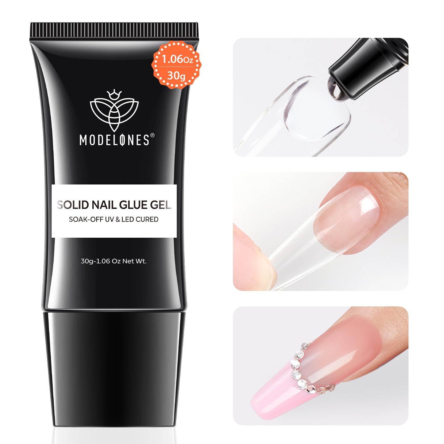 Modelones Solid Nail Gel, 30g Nail Gel for Nail Tips, Solid Nail Glue Gel for Press on Nails, Super Strong Nail Glue for Fake Nails, Acrylic Nail Gel for Long Lasting Manicure DIY at home, Cure Needed