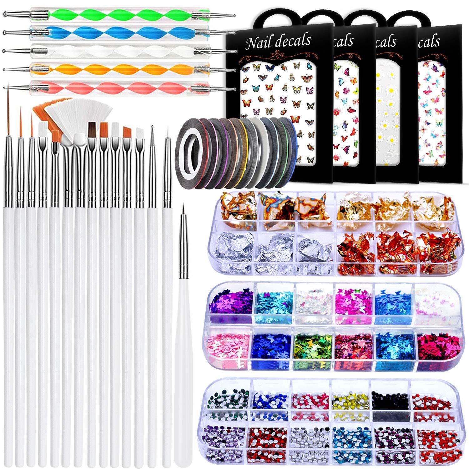 JOYJULY Nail Art Brushes &amp; Decorations Kit - 3D Nail Art, Dotting Tools, Glitters, Stickers, Rhinestones, Foil, Striping Tapes