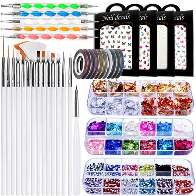 JOYJULY Nail Art Brushes &amp; Decorations Kit - 3D Nail Art, Dotting Tools, Glitters, Stickers, Rhinestones, Foil, Striping Tapes