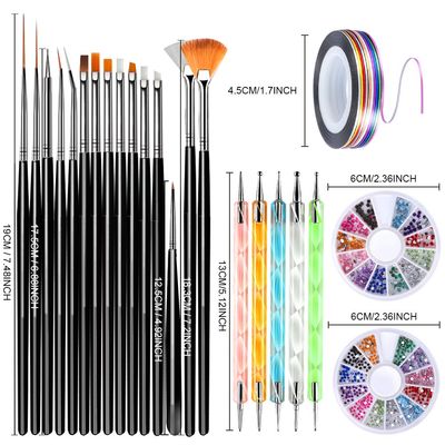 Teenitor Nail Art Brushes, Nail Art Paiting Design Brushes, 15 Nail Gel Brushes, Nail Dotting Pen 5pcs, 12 Colors Nail Rinestones &amp; 10 Adhesive Nail Striping Tape for False Acrylic Nails-Black