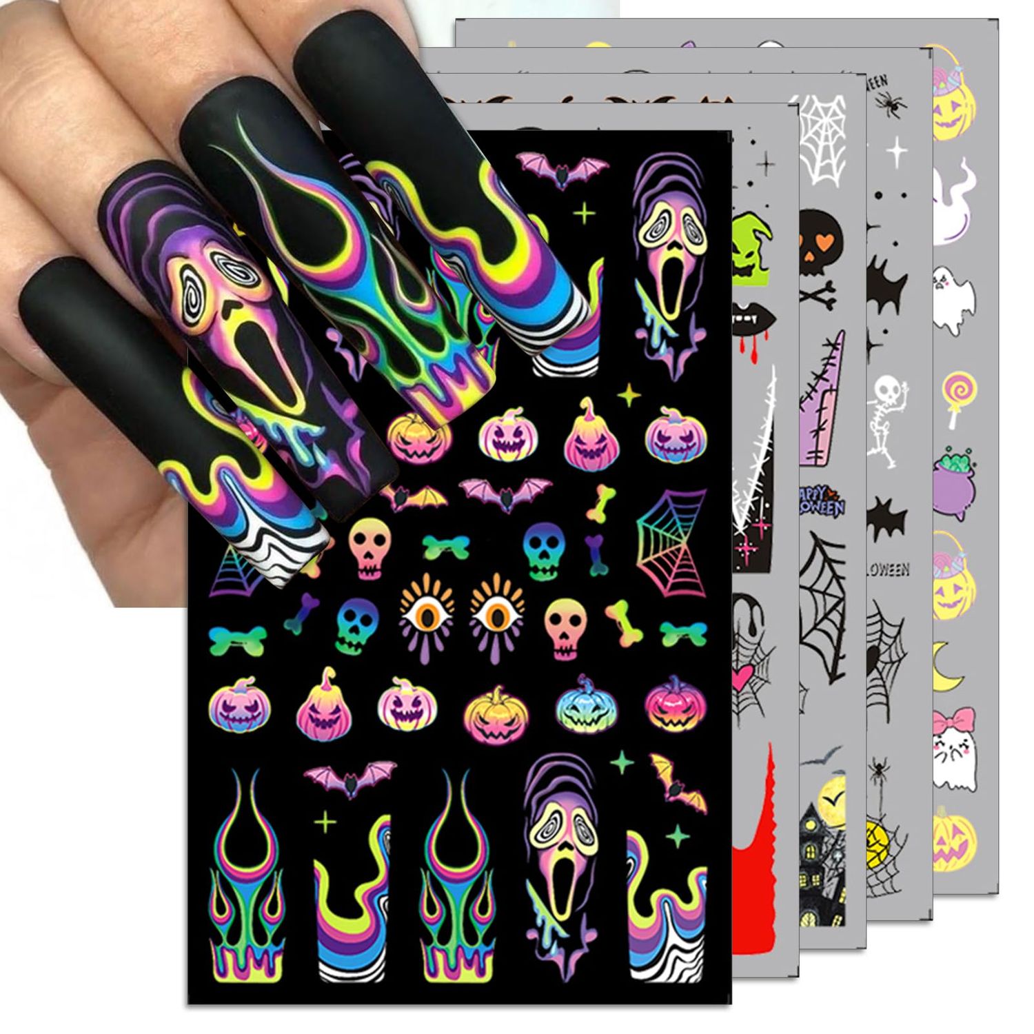 IDDFEVE Halloween Nail Art Stickers, Gradient Pumpkin, Horror Mask Nail Decals, 3D Self-Adhesive Spider-Web Bat Design for DIY Nail Supplies Decoration (5 Sheets)