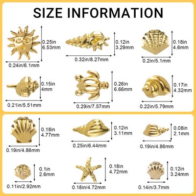 BEIQIYA 2 Disc 3D Metal Nail Charms, Starfish Seashell Manicure Art Decals, 12 Styles Nail Decor DIY Embellishments for Scrapbook Bookmarks Invitation- Gold
