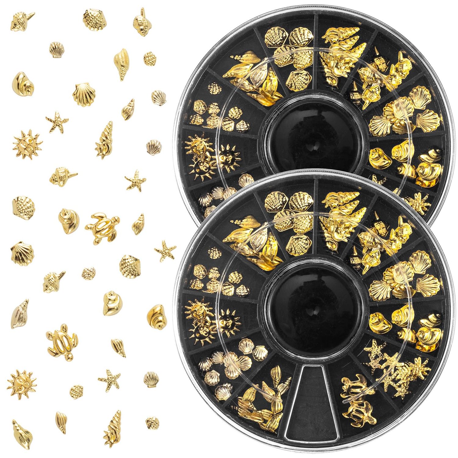 BEIQIYA 2 Disc 3D Metal Nail Charms, Starfish Seashell Manicure Art Decals, 12 Styles Nail Decor DIY Embellishments for Scrapbook Bookmarks Invitation- Gold