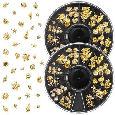 BEIQIYA 2 Disc 3D Metal Nail Charms, Starfish Seashell Manicure Art Decals, 12 Styles Nail Decor DIY Embellishments for Scrapbook Bookmarks Invitation- Gold