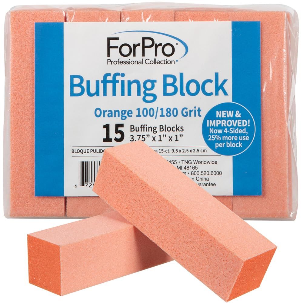 ForPro Professional Collection Buffing Block, Orange, 100/180 Grit, Three-Sided Manicure and Pedicure Nail Buffer, 3.75 L x 1 W x 1 H, 15-Count