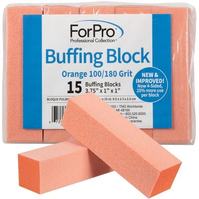 ForPro Professional Collection Buffing Block, Orange, 100/180 Grit, Three-Sided Manicure and Pedicure Nail Buffer, 3.75 L x 1 W x 1 H, 15-Count