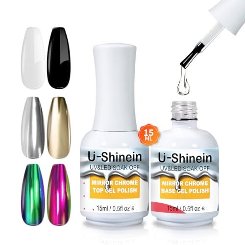 U-Shinein 15ml Top Coat and Base Coat Set for Metallic Painting Gel, No Wipe Clear Top and Base Gel Polish for Metallic Gel Nail Polish, Chrome Nail Powder, Mirror Nail Gel, Mirror Chrome Effect