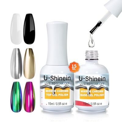 U-Shinein 15ml Top Coat and Base Coat Set for Metallic Painting Gel, No Wipe Clear Top and Base Gel Polish for Metallic Gel Nail Polish, Chrome Nail Powder, Mirror Nail Gel, Mirror Chrome Effect