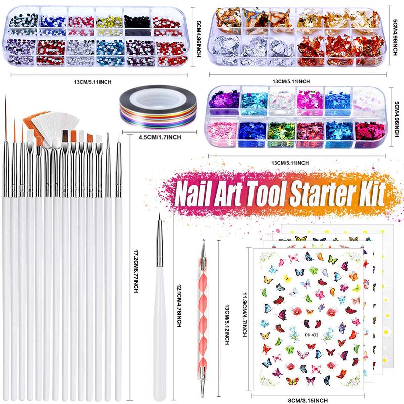 JOYJULY Nail Art Brushes &amp; Decorations Kit - 3D Nail Art, Dotting Tools, Glitters, Stickers, Rhinestones, Foil, Striping Tapes
