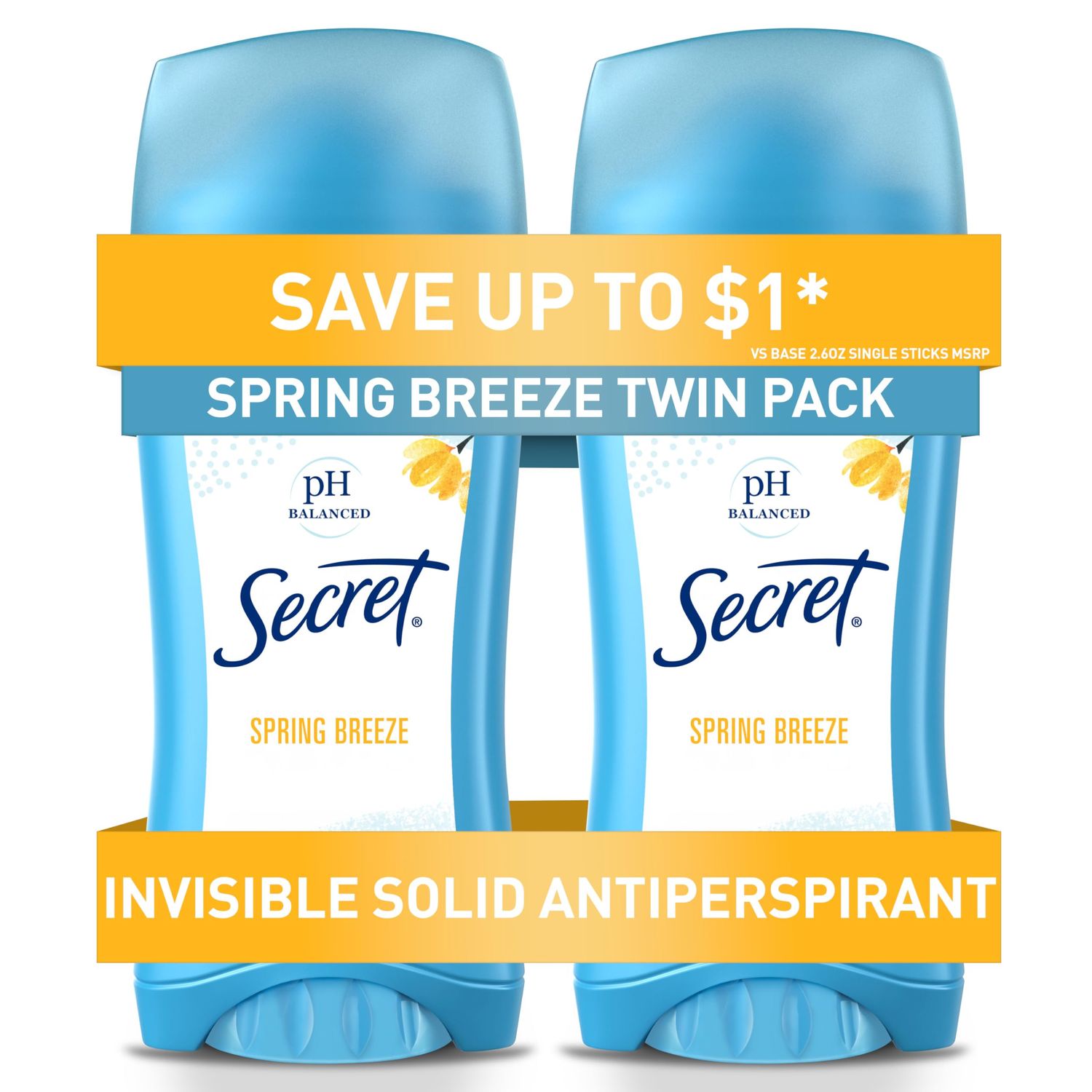 Secret Antiperspirant and Deodorant for Women, 24hr Sweat &amp; Odor Protection, PH Balanced Protection, Gentle on Skin, Invisible Solid, Spring Breeze Scent, 2.6 oz (Pack of 2)