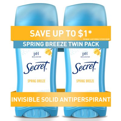 Secret Antiperspirant and Deodorant for Women, 24hr Sweat &amp; Odor Protection, PH Balanced Protection, Gentle on Skin, Invisible Solid, Spring Breeze Scent, 2.6 oz (Pack of 2)