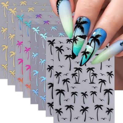 8Sheets Holographic Coconut Tree Nail Sticker Palm Leaves Summer Beach Theme Nail Art Stickers 3D Self Adhesive Tropical Style Nail Decals Black Gold Laser Seagulls Nail Supplies for Women Nail Decor