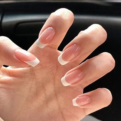 Hrnsnails Nails Press Ons, White French Tip Press On Nails Medium Square Fake Nails with Glossy Design, Artificial Press On Nail Kit Stick On Nails for Women-32Pcs