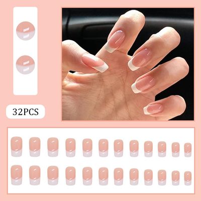 Hrnsnails Nails Press Ons, White French Tip Press On Nails Medium Square Fake Nails with Glossy Design, Artificial Press On Nail Kit Stick On Nails for Women-32Pcs