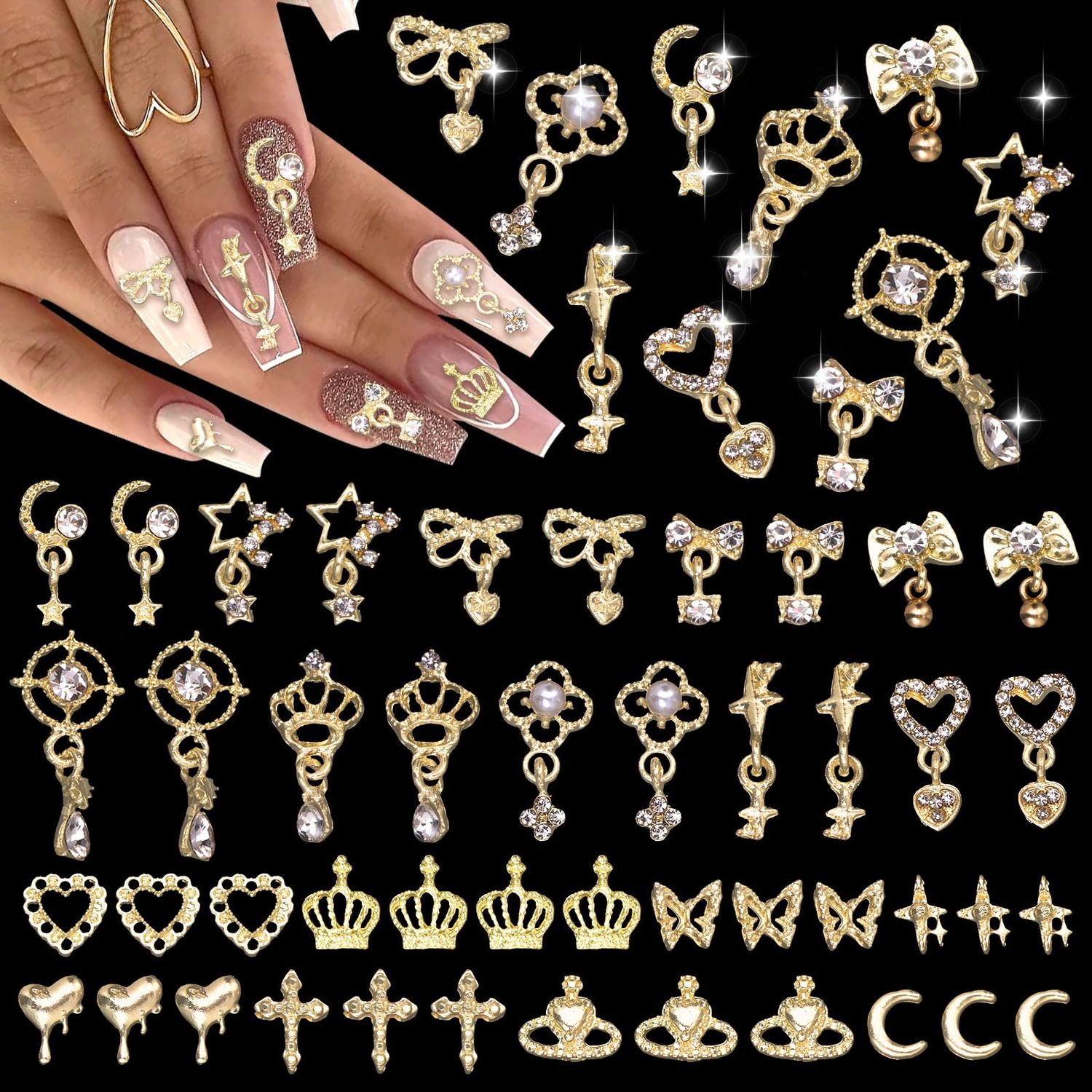 100 Pcs Gold Nail Charms and Gems, Gold Dangle Star Bows Nail Gems Charms, Metal Crown Heart Butterfly Charms for Acrylic Nail Art Alloy Cross Nail Charms for Women DIY Accessories