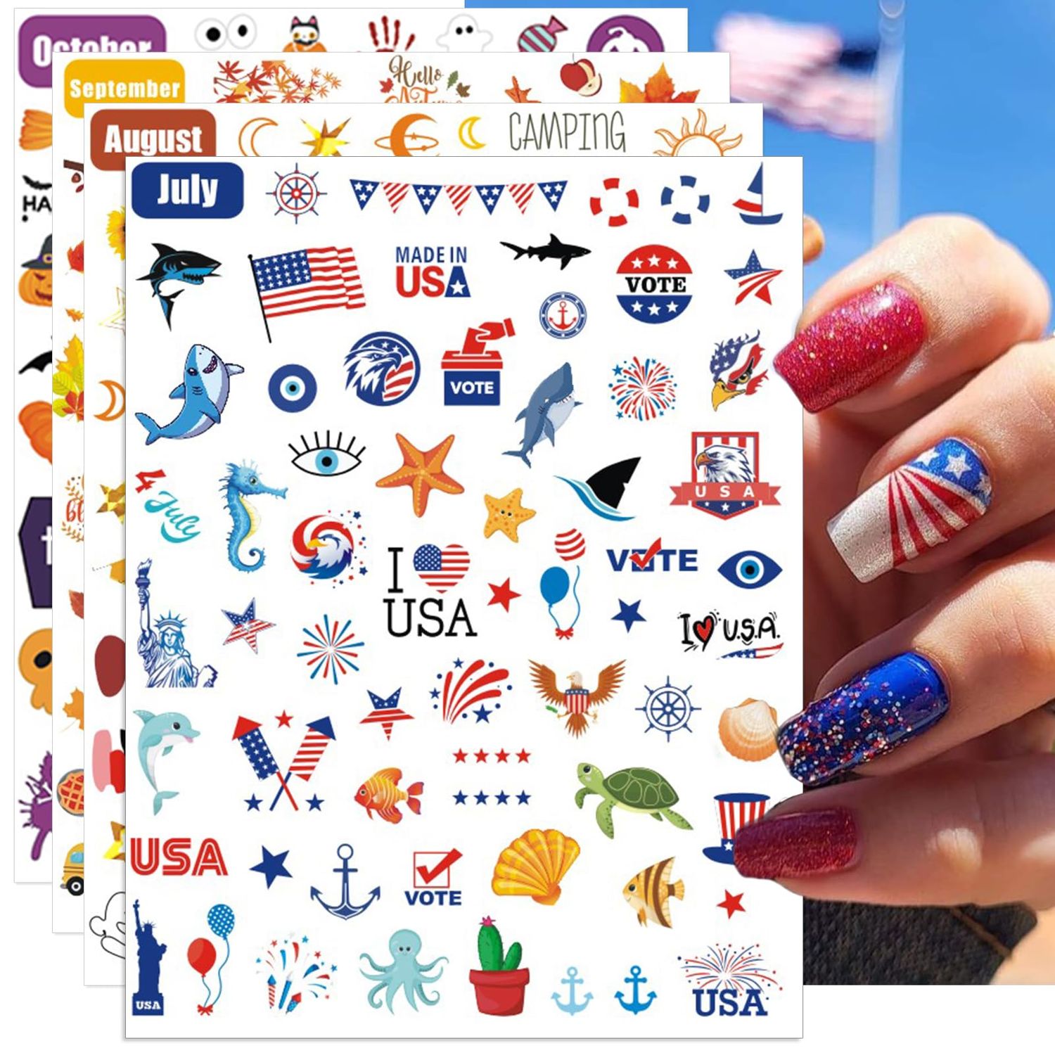 IDDFEVE 12 Months All Holiday Nail Stickers, 24 Sheets Seasonal Variety Pack 2 Pcs Per Month DIY Nail Art, Self-Adhesive Pegatinas Uas for a Year of Halloween Christmas Thanksgiving&amp;Valentines Day