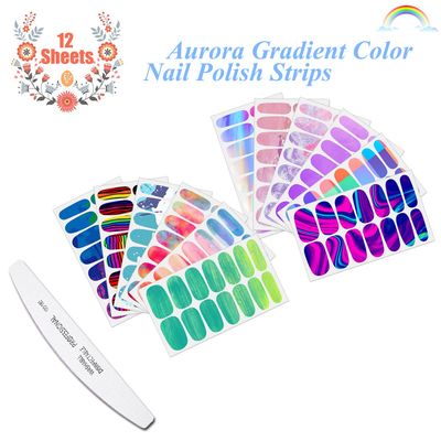 JERCLITY 12 Sheets Aurora Gradient Color Nail Polish Strips with Nail File Self-Adhesive Graffiti Cloud Rainbow Nail Stickers Full Nail Wraps for Women Kids Nail Strips Manicure Kit for Nail Art