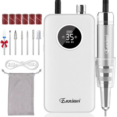 Enniewi Nail Drill Professional 35000RPM, Cordless Electric Nail File Drills para Uas, Portable Rechargeable E File 7 Bits Manicure Pedicure Kit for Acrylic Nails Gel Remover Salon Home Tools, White