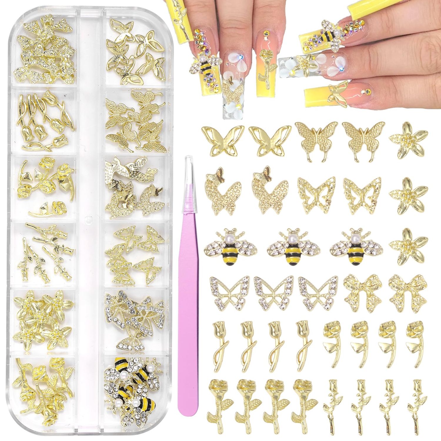 60 Pcs Bee Nail Gold Charms, 12 Styles 3D Bee Gold Nail Charms Butterfly Flowers Nail Charm and Gems, Honeybee Rose Flower Golden Charm for Acrylic Nails Y2K DIY Accessories