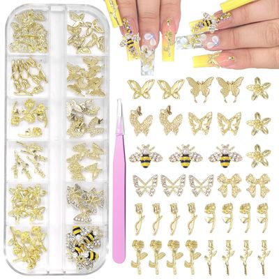 60 Pcs Bee Nail Gold Charms, 12 Styles 3D Bee Gold Nail Charms Butterfly Flowers Nail Charm and Gems, Honeybee Rose Flower Golden Charm for Acrylic Nails Y2K DIY Accessories