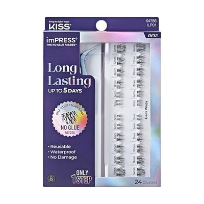KISS imPRESS Falsies Long Lasting Self Adhesive Eyelashes, Demi Wispy, 5 Day Extended Wear, 24 Light Volume Lash Clusters (5,6,8,10,12, &amp; 14mm), Precision Non-Stick Applicator