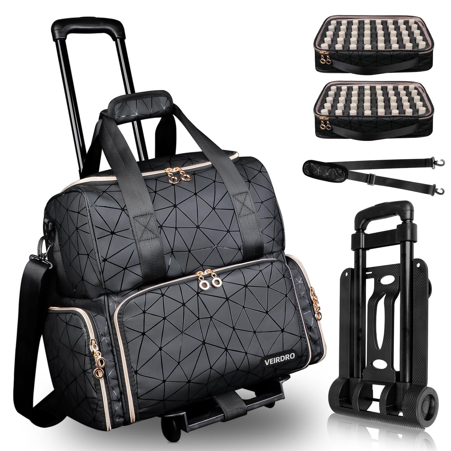 VEIRDRO Rolling Nail Polish Organizer Bag Holds 80 Bottles (15ml/0.5fl.Oz)&amp; Nail Lamp, PU Leather Nail Supplies Organizer Case with Detachable Trolley, Extra Large Nail Kit Storage with Wheels (Black)