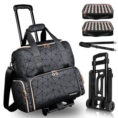 VEIRDRO Rolling Nail Polish Organizer Bag Holds 80 Bottles (15ml/0.5fl.Oz)&amp; Nail Lamp, PU Leather Nail Supplies Organizer Case with Detachable Trolley, Extra Large Nail Kit Storage with Wheels (Black)