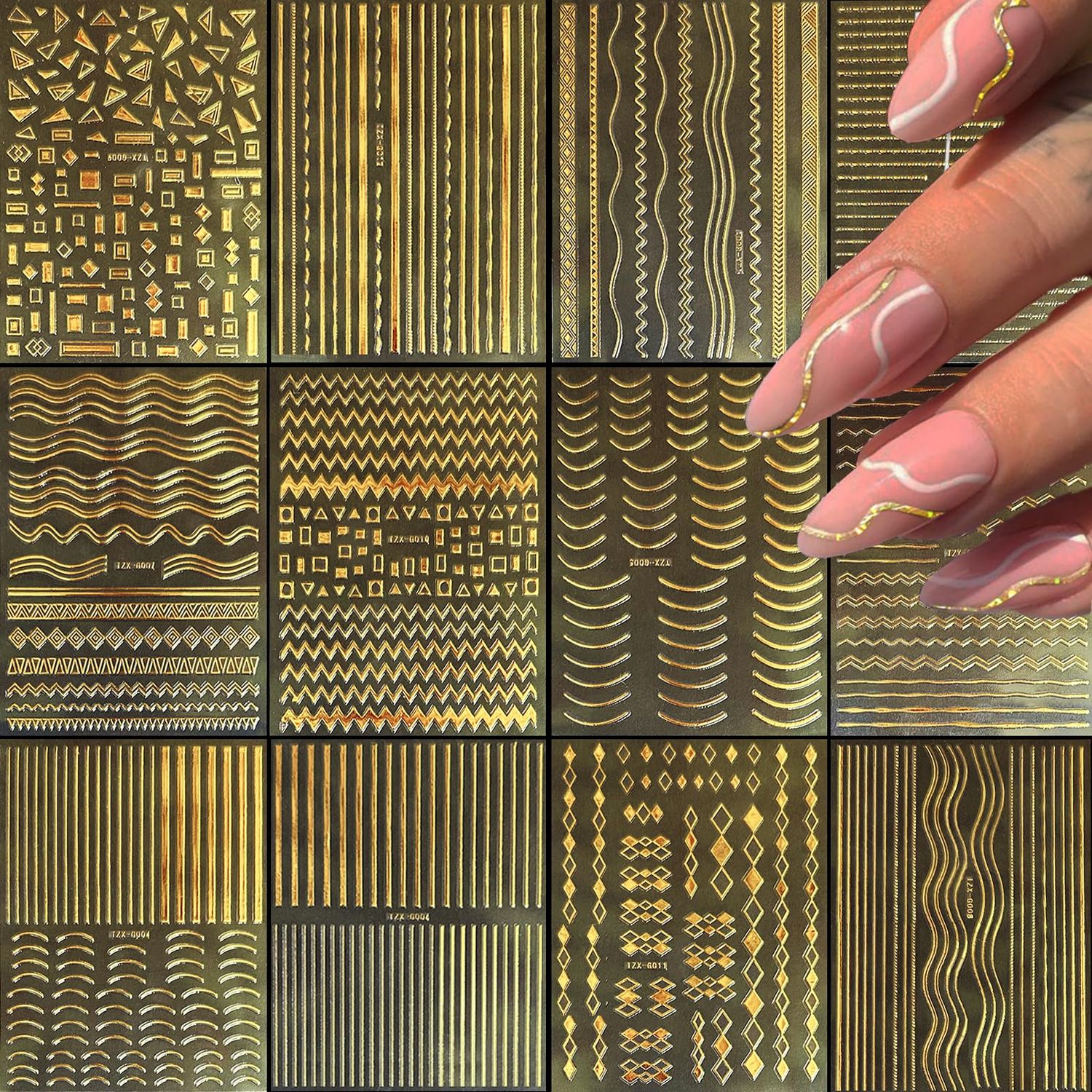 FJSMTOPl 12 Sheets Gold Nail Stickers, 3D Self-Adhesive Metal Geometric Stripe Wave Nail Sticker, Gold Nail Art Designs, Style-c