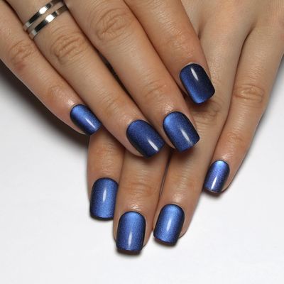 Short Square Press On Nails Blue to Black Gradient Cat Eye Press on Nails with Glue for Women Ashionable Gel False Nails Reusable Acrylic False Nails Womens Glitter Nails Glue On Nails Kit