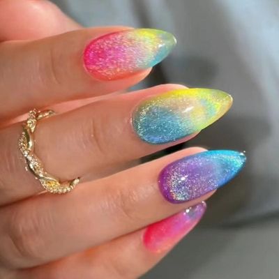 24 Pcs Cat Eye Spring Press on Nails Short Almond MINGCHUN Colorful Fake Nails Press ons Nail Art Tips Rainbow Glitter Design Full Cover Acrylic False Glue on Nails Nail Art Tip for Women Manicure