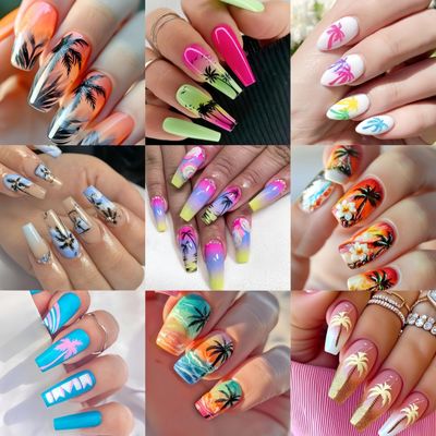 8Sheets Holographic Coconut Tree Nail Sticker Palm Leaves Summer Beach Theme Nail Art Stickers 3D Self Adhesive Tropical Style Nail Decals Black Gold Laser Seagulls Nail Supplies for Women Nail Decor