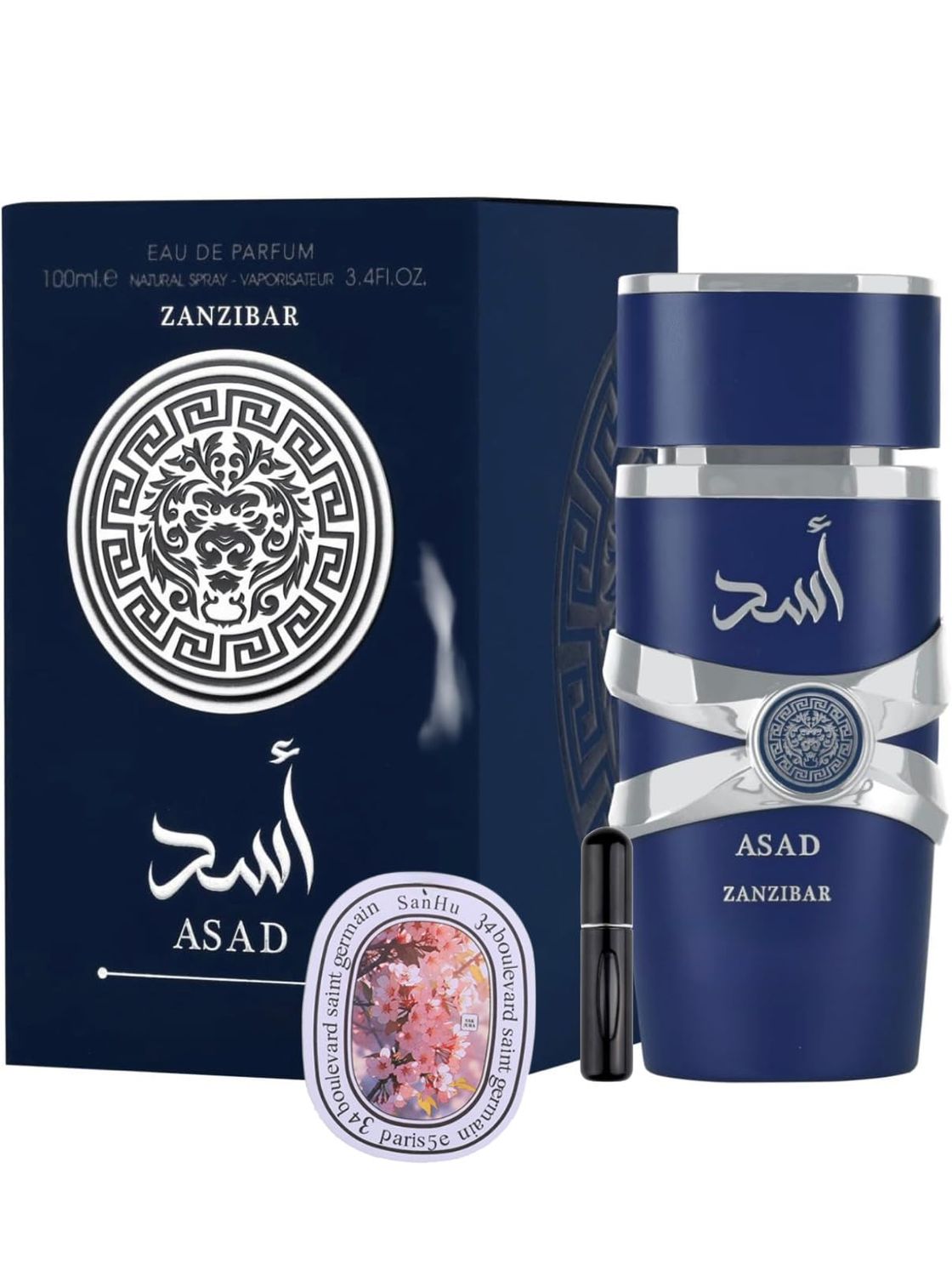 Bundle of Lattafa Perfumes Asad Zanzibar 3.4oz Eau De Perfume with 1 Travel Refillable Bottle(5ML) &amp; 1 Scented Car Freshener Card