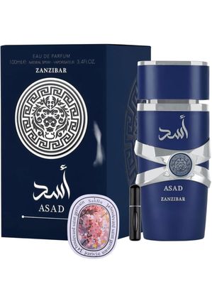 Bundle of Lattafa Perfumes Asad Zanzibar 3.4oz Eau De Perfume with 1 Travel Refillable Bottle(5ML) &amp; 1 Scented Car Freshener Card