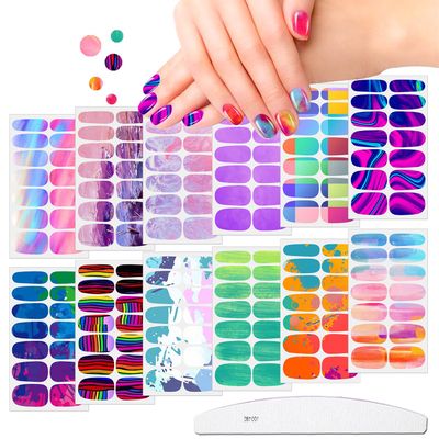 JERCLITY 12 Sheets Aurora Gradient Color Nail Polish Strips with Nail File Self-Adhesive Graffiti Cloud Rainbow Nail Stickers Full Nail Wraps for Women Kids Nail Strips Manicure Kit for Nail Art