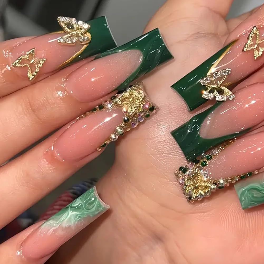 WAFOLOZE Nails Press on, Green French Tip Press on Nails Long Square Fake Nails with Glod Butterfly Charm Diamond Sparkling Design, Acrylic Artificial False Nails Press Ons Stick On Nails for Women