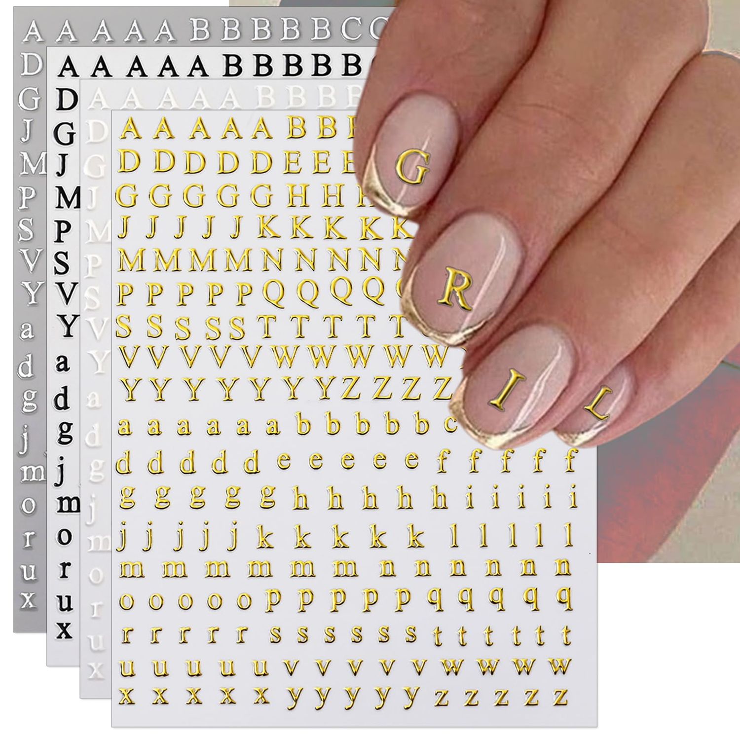 IDDFEVE Letter Nail Art Stickers - 3D English Alphabet Nail Decals for DIY Metallic Gold Silver Acrylic Manicure Holographic Nail Decorations(4 Sheets)