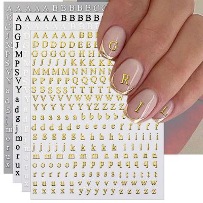 IDDFEVE Letter Nail Art Stickers - 3D English Alphabet Nail Decals for DIY Metallic Gold Silver Acrylic Manicure Holographic Nail Decorations(4 Sheets)