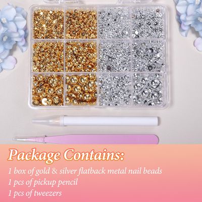 Silver Gold Flatback Pearls for Crafting, 3D Half Round Metal Nail Beads, Nail Art Beads for Crafts, 2-8 mm Pearls Nails Art Jewels Nail Art Studs for Nail Supplies with Pickup Pencil and Tweezer